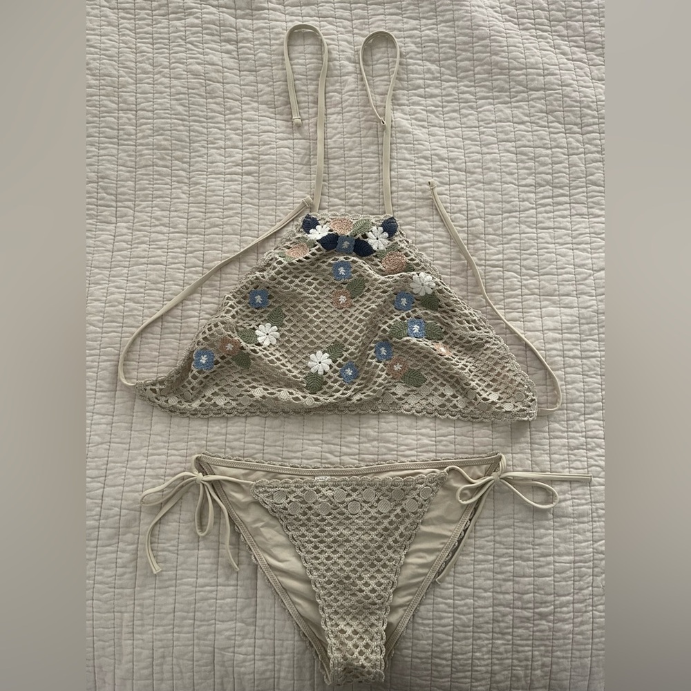 Aerie Cream Crochet Bikini Set with Floral Accents